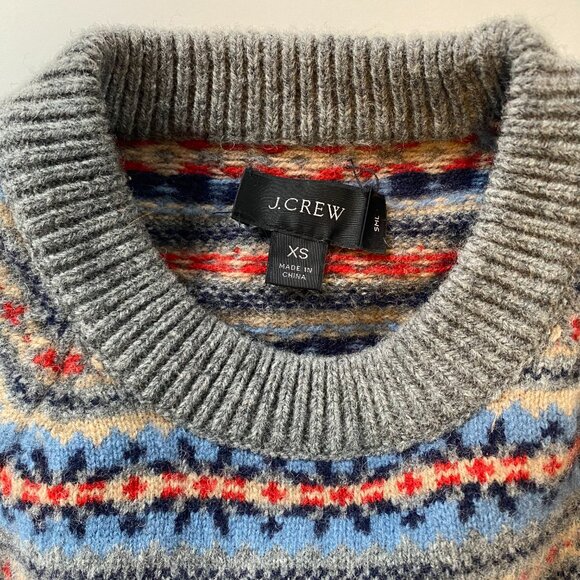 J Crew Sweater Crew Neck Pullover Nordic Fair Isle Knit Gray Printed Lambswool - Picture 2 of 3